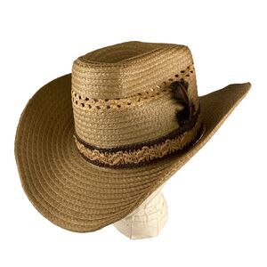 Classic Feathered Straw Western Cowboy Hat Men's Size 7 (?)